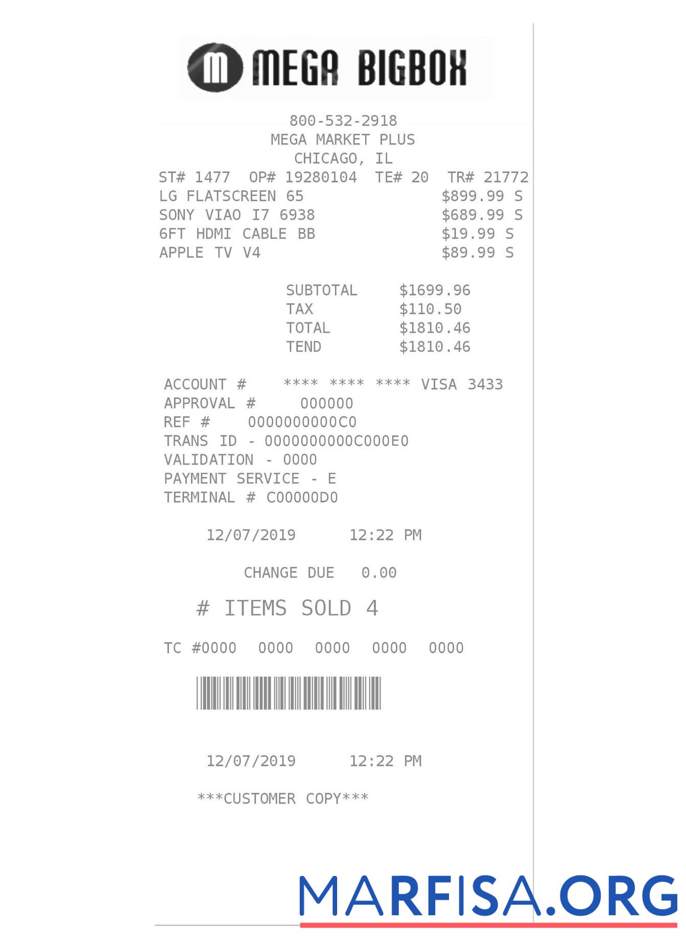 Realistic MEGA BIGBOX payment receipt example
